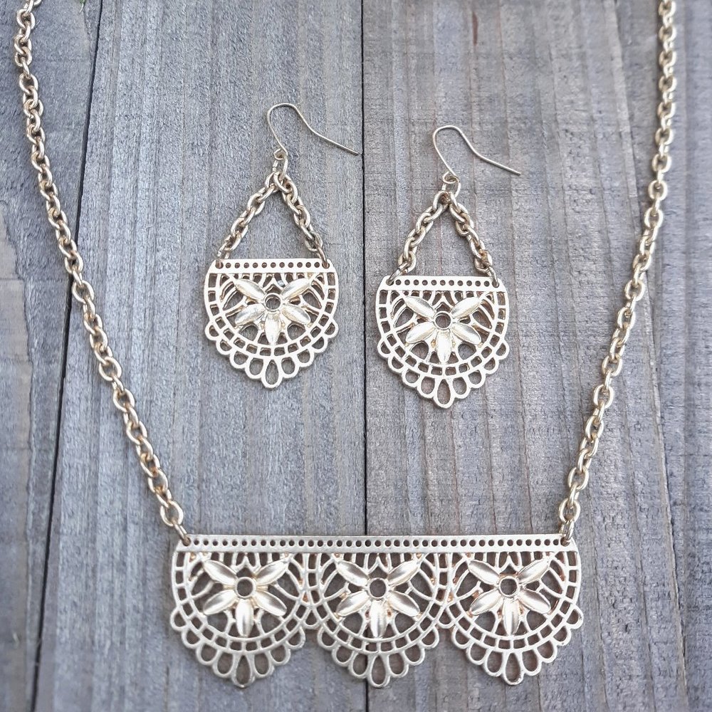Ornate Boho Gold Necklace and Earrings Jewelry Set
